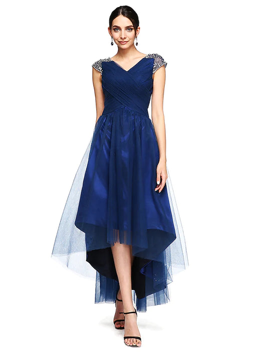 Special Occasion Dresses Open Back Dress Wedding Guest Asymmetrical Short Sleeve V Neck Tulle with Criss Cross Beading