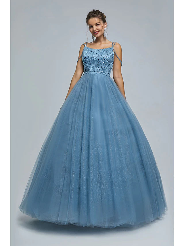 Ball Gown Prom Dresses Sparkle & Shine Dress Graduation Floor Length Sleeveless Spaghetti Strap Tulle with Pearls Sequin