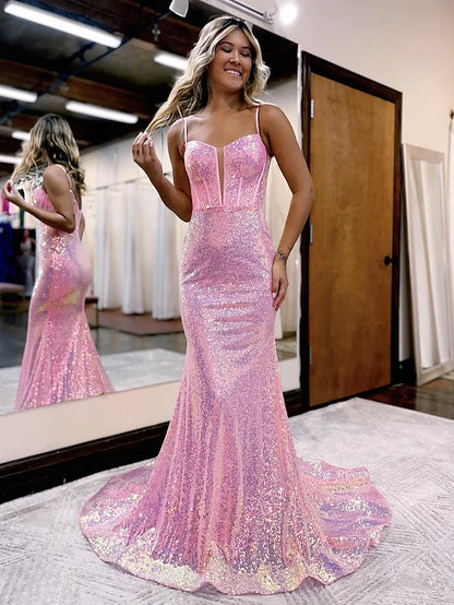 Prom Dresses Sparkle & Shine Dress Formal Court Train Sleeveless Spaghetti Strap Sequined V Back with Sequin