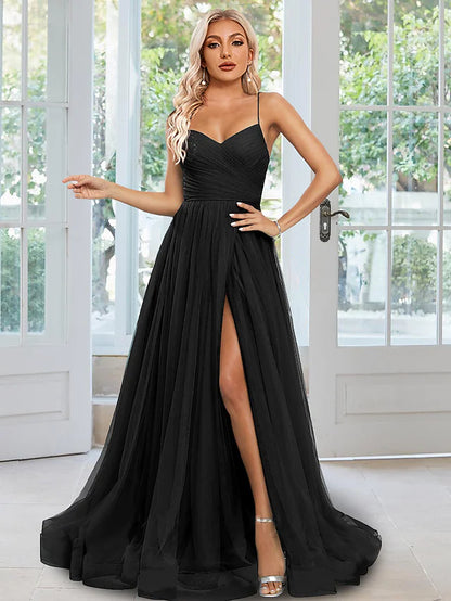 Prom Dresses Open Back Dress Party Wear  Sleeveless Spaghetti Strap Tulle with Slit