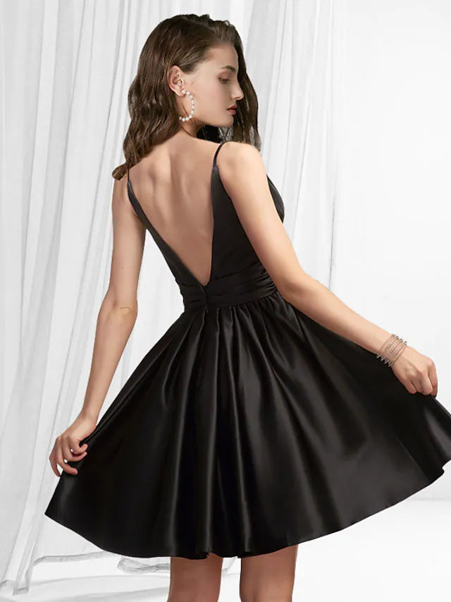 A-Line Cocktail Dresses Reformation Amante Dress Homecoming Short  Mini Sleeveless V Neck Satin with Pleats