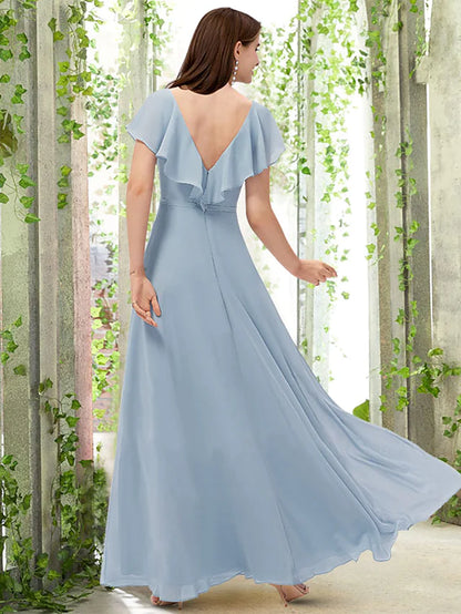 A-Line Bridesmaid Dress V Neck Short Sleeve Elegant Floor Length Chiffon with Pleats   Ruffles   Split Front