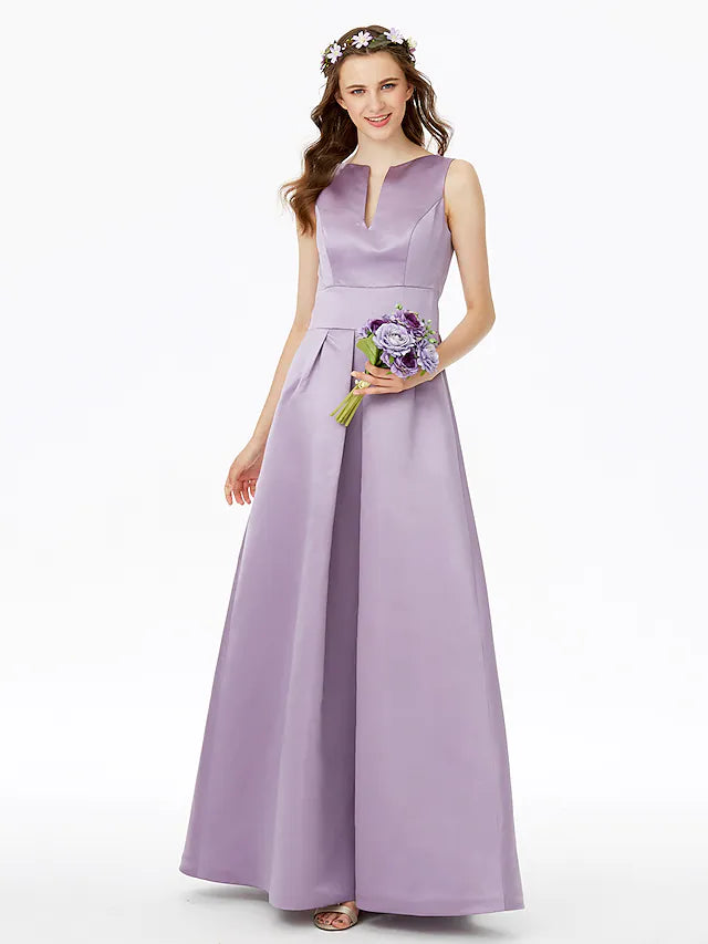 A-Line Bridesmaid Dress Notched Sleeveless Elegant Floor Length Satin with Pleats  Pocket