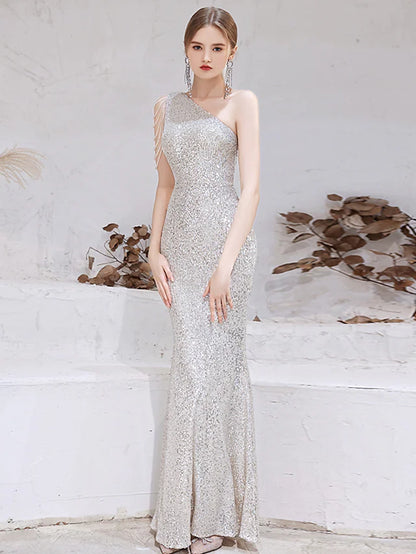 Evening Gown Sparkle Dress Wedding Guest Floor Length Sleeveless One Shoulder Sequined with Beading Sequin