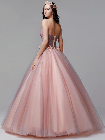 Ball Gown Floral Formal Evening Dress Strapless Sleeveless Floor Length Tulle with Pleats Flower