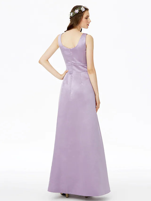 A-Line Bridesmaid Dress Notched Sleeveless Elegant Floor Length Satin with Pleats  Pocket