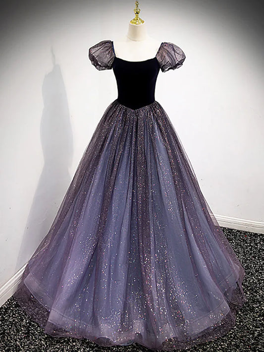 Prom Dresses Cute Dress Engagement Floor Length Short Sleeve Square Neck Tulle with Sequin Splicing