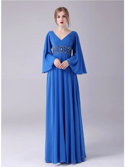 Mother of the Bride Dress Plus Size Elegant V Neck Floor Length Chiffon  Length Sleeve with Beading Ruching