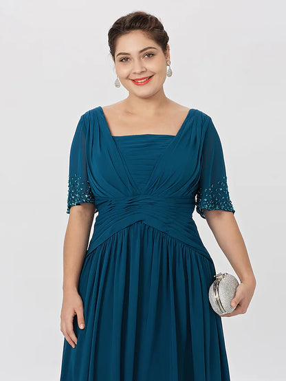 Mother of the Bride Dress Formal Classic & Timeless Elegant & Luxurious Plus Size Square Neck Floor Length Chiffon Short Sleeve No with Pleats Beading
