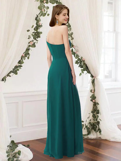 Bridesmaid Dress One Shoulder Sleeveless Elegant Floor Length Chiffon with Pleats