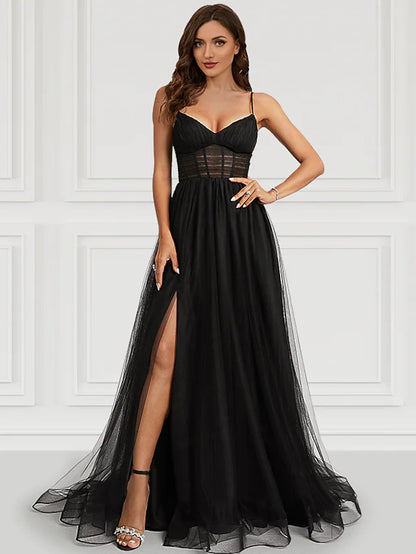 Prom Dresses Corsets Dress Party Wear Court Train Sleeveless Spaghetti Strap Tulle with Slit