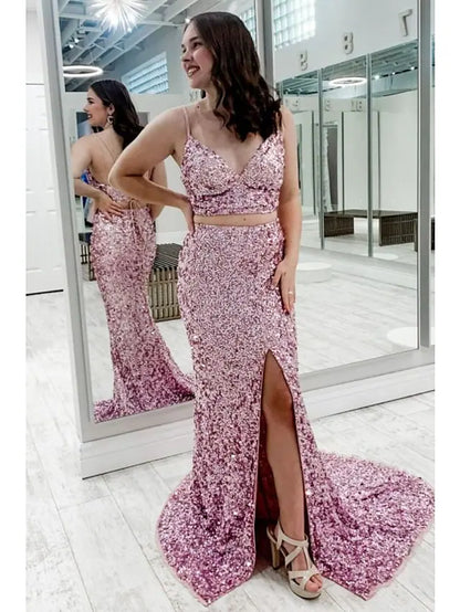 Prom Dresses Sparkle & Shine Dress Party Wear Sleeveless Spaghetti Strap Sequined Backless with Sequin Slit