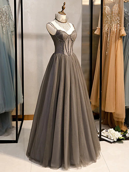 Prom Dresses Sexy Dress Formal Floor Length Sleeveless Spaghetti Strap Tulle with Pleats Crystals