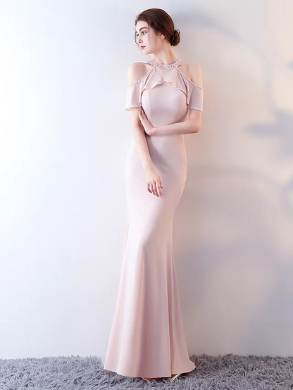 Prom Dresses Elegant Dress Wedding Guest Floor Length Short Sleeve Halter Jersey with Beading Ruffles