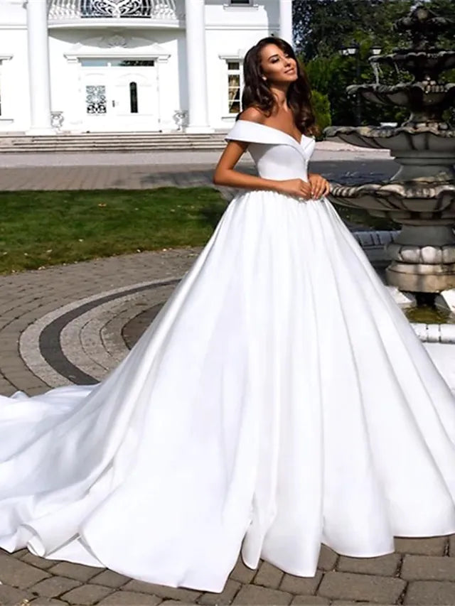 Formal Wedding Dresses Cathedral Train Ball Gown Short Sleeve Off Shoulder Polyester With Pleats