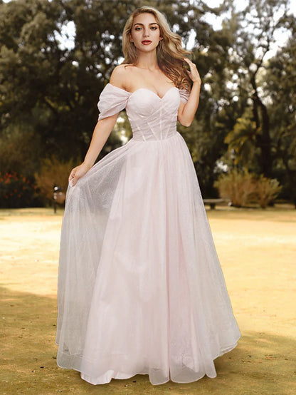 A-Line Prom Dresses Corsets Dress Engagement Floor Length Short Sleeve Off Shoulder Tulle with Pleats