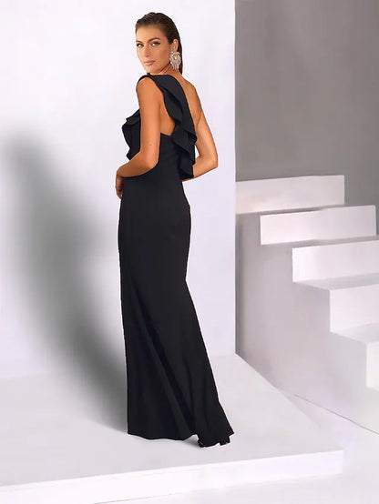 Wedding Guest Dresses Black Dress Wedding Party Floor Length Sleeveless One Shoulder Chiffon with Ruffles