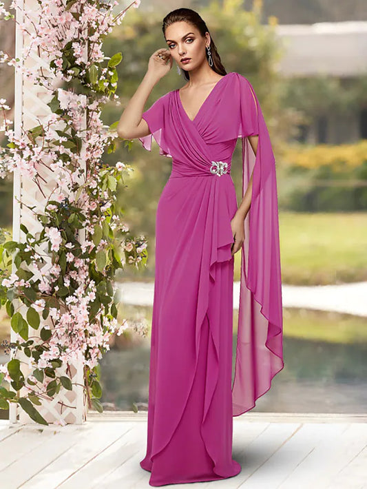 Mother of the Bride Dress Elegant V Neck Floor Length Chiffon Sleeveless with Pleats Crystal Brooch Side-Draped