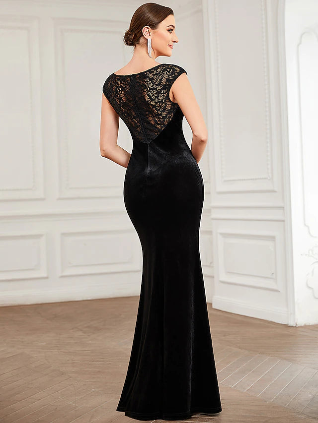 Evening Gown Elegant Dress Formal Floor Length Short Sleeve Jewel Neck Velvet with Lace Insert