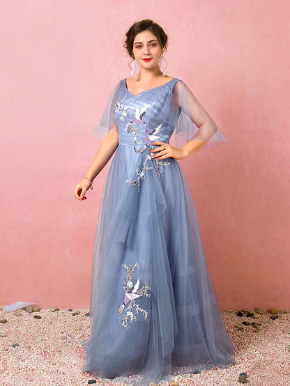Prom Dresses Chinese Style Dress Prom Floor Length Half Sleeve V Neck Satin with Ruched Embroidery