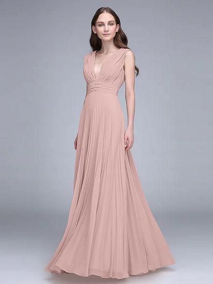 Bridesmaid Dress V Neck Sleeveless Elegant Floor Length Chiffon with Ruched    Draping