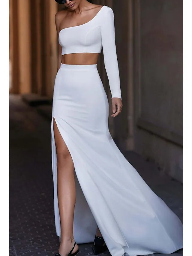 Minimalist Sexy Prom Birthday Dress One Shoulder Long Sleeve Court Train Satin with Slit Pure Color