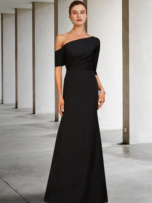 Mother of the Bride Dress Vintage Elegant One Shoulder Floor Length Charmeuse  Length Sleeve with Ruffles Side-Draped