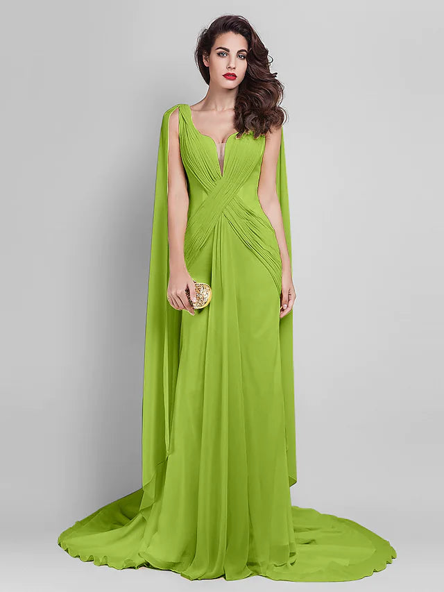 Dress Wedding Guest Court Train Sleeveless Plunging Neck Georgette V Back with Criss Cross Side Draping