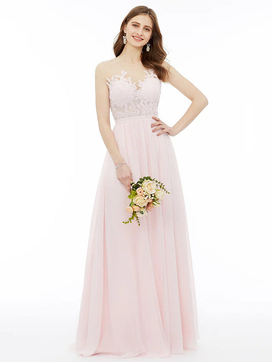 A-Line Bridesmaid Dress  Neck Sleeveless  Detail Floor Length Chiffon   Floral  Lace with Sash  Ribbon  Appliques