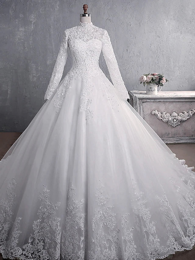 Wedding Dresses Court Train Princess Long Sleeve High Neck Lace With Appliques