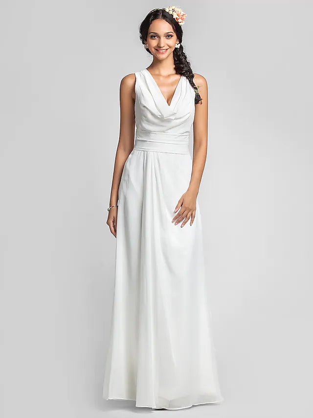 Bridesmaid Dress Cowl Neck Sleeveless Elegant Floor Length Chiffon with Ruched  Side Draping