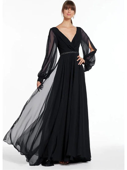Evening Gown Empire Dress Holiday Floor Length Long Sleeve V Neck Chiffon V Back with Beading