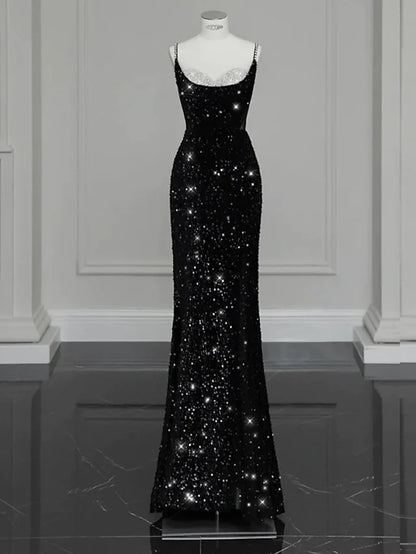Evening Gown Sexy Dress Formal Floor Length Sleeveless Spaghetti Strap Sequined with Bow(s) Crystals Sequin