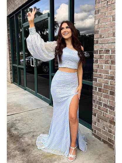 Prom Dresses Empire Dress Party Wear  Sleeveless One Shoulder Sequined with Sequin Slit