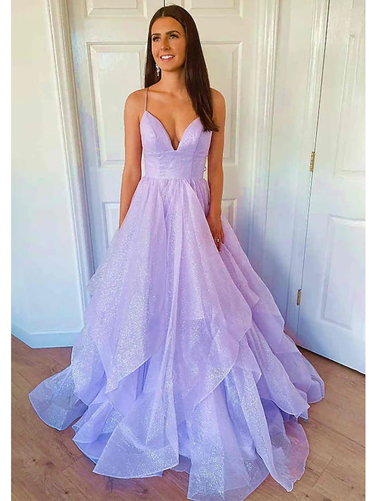 A-Line Prom Dresses Sparkle & Shine Dress Formal Floor Length Sleeveless Sweetheart Tulle Backless with Pleats Ruffles