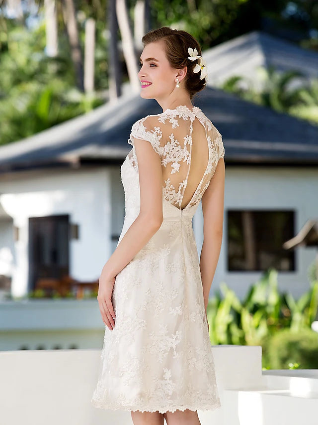 Open Back Little White Dresses Wedding Dresses Knee Length A-Line Cap Sleeve Jewel Neck Floral Lace With Appliques