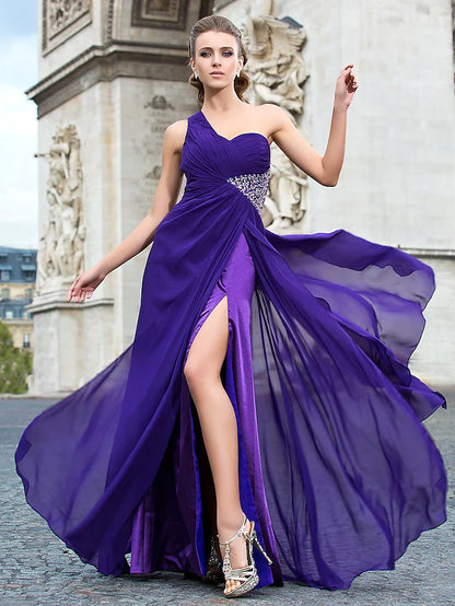 Dress Formal Evening Floor Length Sleeveless One Shoulder Chiffon with Beading Split Front