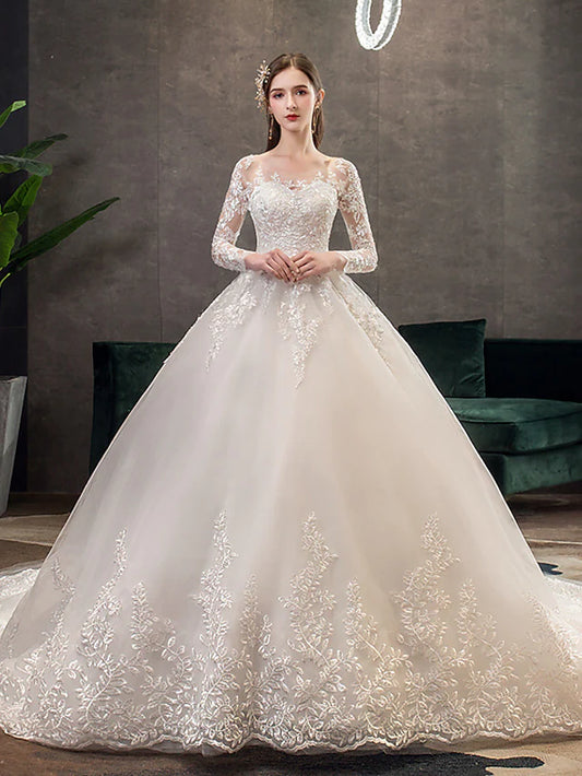 Engagement Open Back Formal Wedding Dresses Chapel Train Princess Long Sleeve Jewel Neck Lace With Pleats Appliques