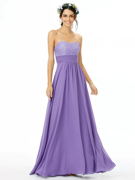 A-Line Bridesmaid Dress Sweetheart Neckline Sleeveless Open Back Floor Length Chiffon  Lace with Lace  Sash  Ribbon  Ruched