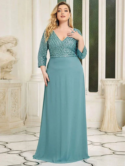 Evening Gown Plus Size Dress Wedding Guest Floor Length 3/4 Length Sleeve V Neck Chiffon V Back with Sequin