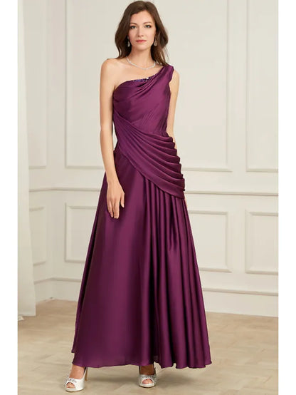 Evening Gown Elegant Dress Wedding Guest Floor Length Sleeveless One Shoulder Polyester with Pleats Ruched