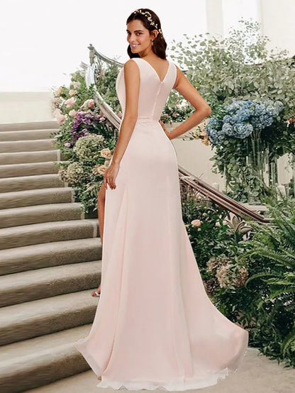Bridesmaid Dress V Neck Sleeveless Elegant Floor Length Chiffon with Split Front   Ruching