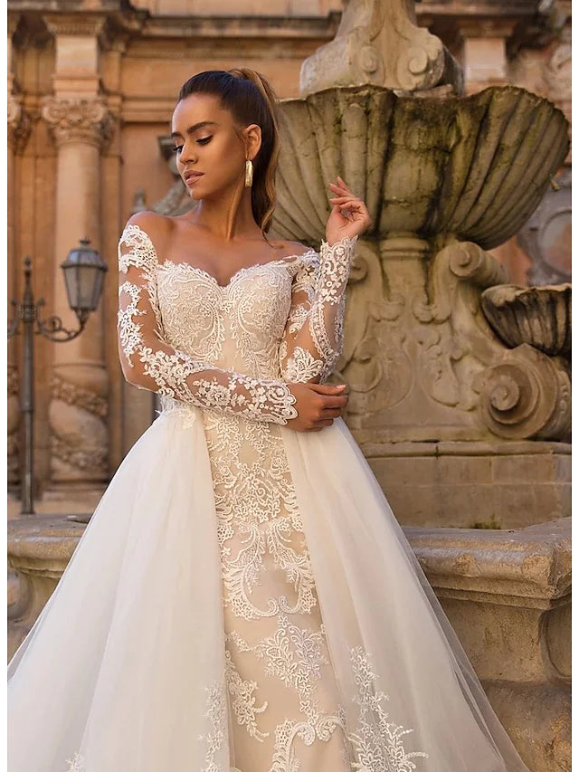 Wedding Dresses Court Train Two Piece Long Sleeve Sweetheart Lace With Appliques