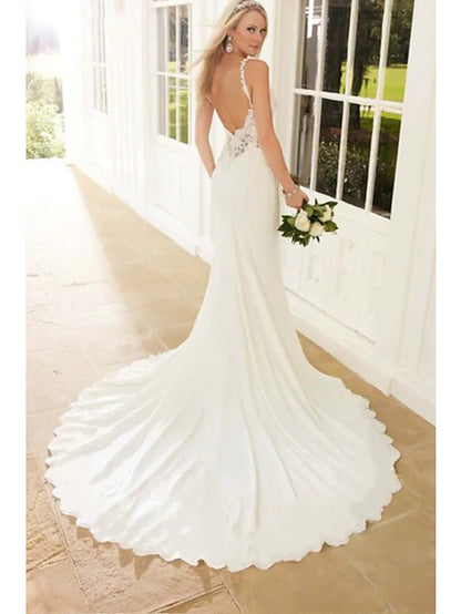 Engagement Formal Sexy Wedding Dresses Chapel  Mermaid  Trumpet Spaghetti Strap V Neck Lace With Appliques