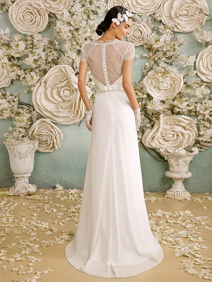 Open Back Wedding Dresses  Sleeve V Neck Chiffon With Crystal Button