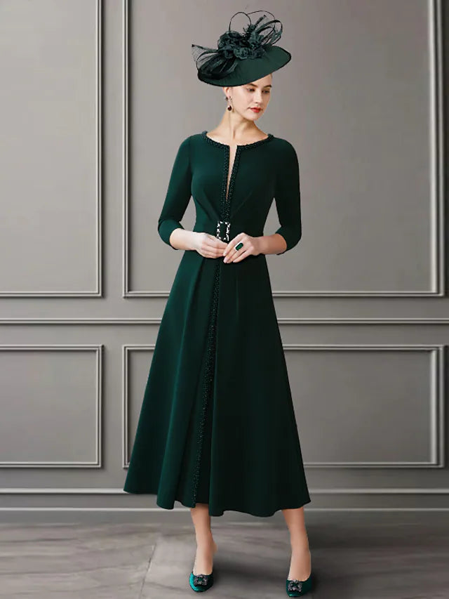 Mother of the Bride Dress Elegant Jewel Neck Tea Length Italy Satin  Length Sleeve with Beading