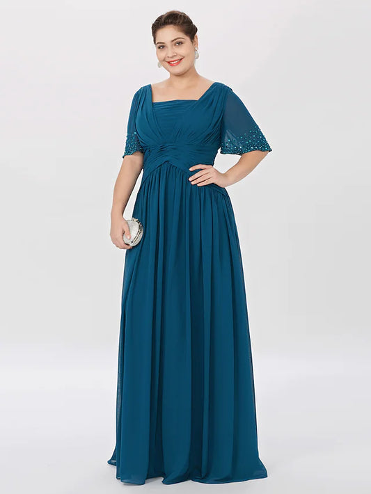 Mother of the Bride Dress Formal Classic & Timeless Elegant & Luxurious Plus Size Square Neck Floor Length Chiffon Short Sleeve No with Pleats Beading