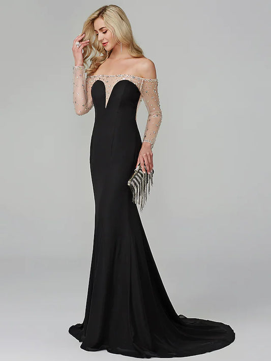 See Through Dress Holiday Floor Length Long Sleeve Off Shoulder Chiffon with Beading