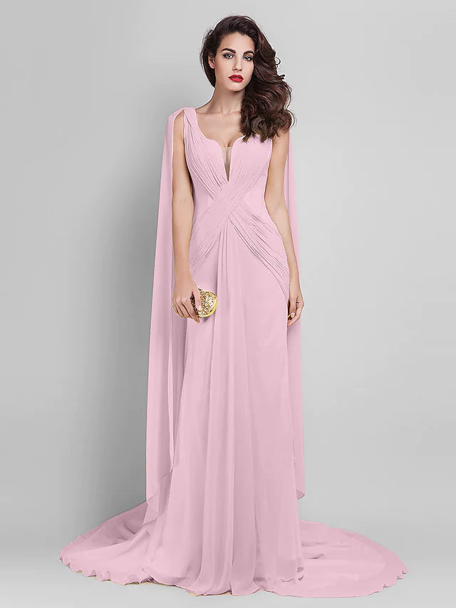 Dress Wedding Guest Court Train Sleeveless Plunging Neck Georgette V Back with Criss Cross Side Draping