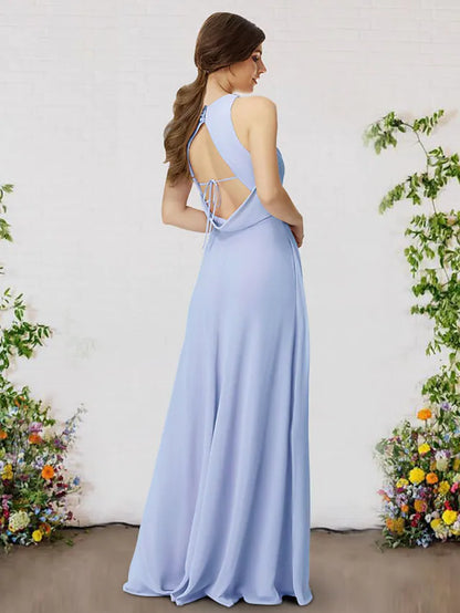 A-Line Bridesmaid Dress V Neck Sleeveless Elegant Floor Length Chiffon with Pleats  Split Front